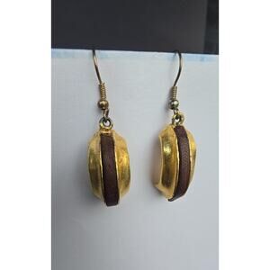 Gold Tone Brown Leather Dangle Drop Earrings Womens Boho French Wire Jewelry